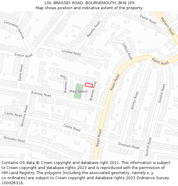 130, BRASSEY ROAD, BOURNEMOUTH, BH9 1PX: Location map and indicative extent of plot