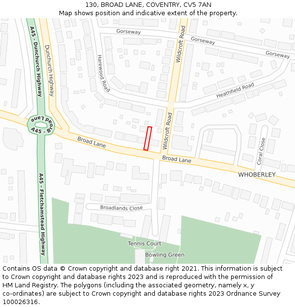 130, BROAD LANE, COVENTRY, CV5 7AN: Location map and indicative extent of plot