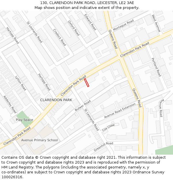 130, CLARENDON PARK ROAD, LEICESTER, LE2 3AE: Location map and indicative extent of plot