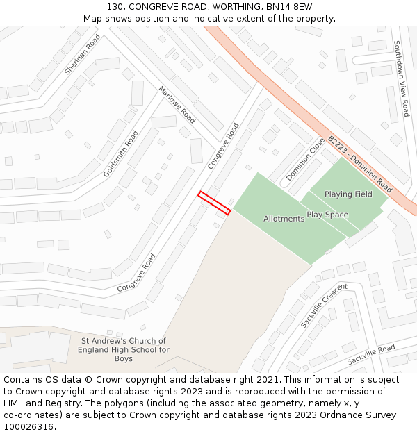 130, CONGREVE ROAD, WORTHING, BN14 8EW: Location map and indicative extent of plot
