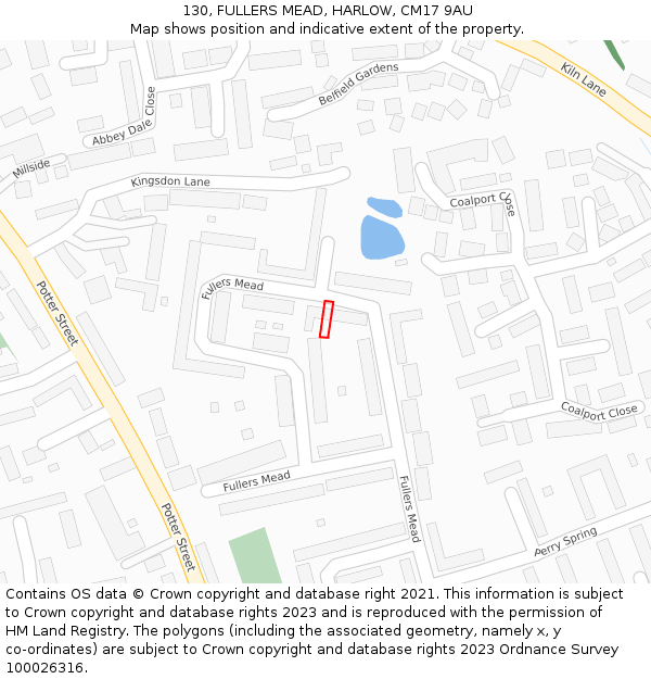 130, FULLERS MEAD, HARLOW, CM17 9AU: Location map and indicative extent of plot