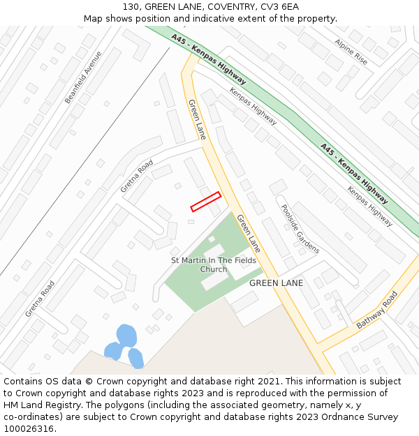 130, GREEN LANE, COVENTRY, CV3 6EA: Location map and indicative extent of plot