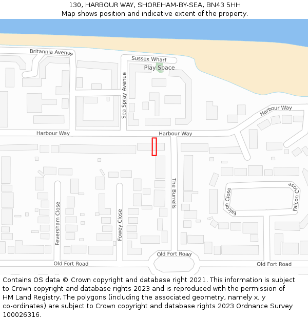 130, HARBOUR WAY, SHOREHAM-BY-SEA, BN43 5HH: Location map and indicative extent of plot