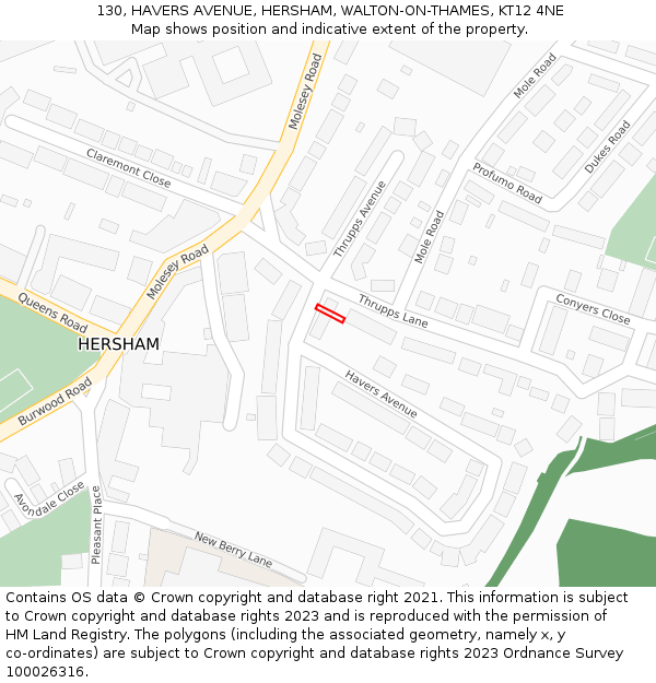 130, HAVERS AVENUE, HERSHAM, WALTON-ON-THAMES, KT12 4NE: Location map and indicative extent of plot