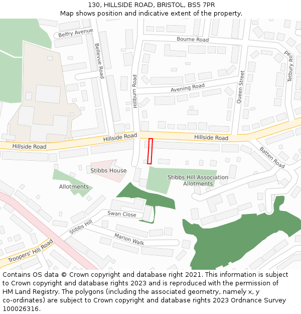 130, HILLSIDE ROAD, BRISTOL, BS5 7PR: Location map and indicative extent of plot