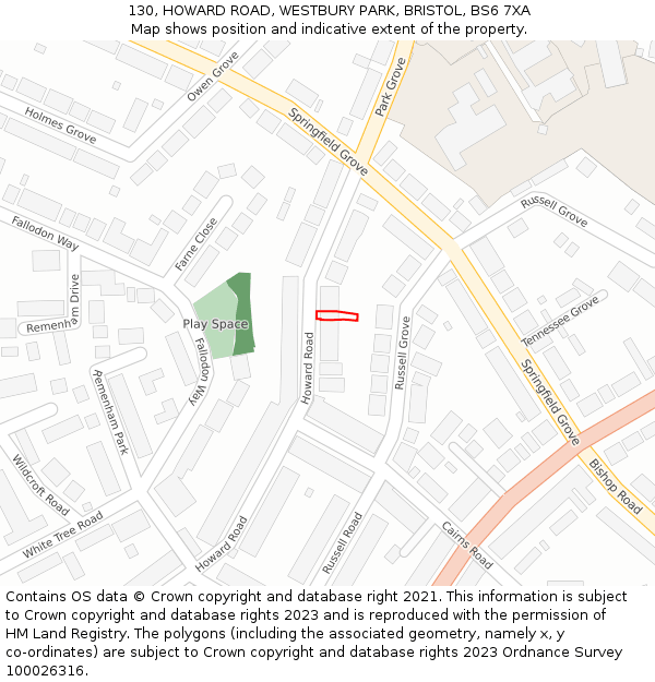 130, HOWARD ROAD, WESTBURY PARK, BRISTOL, BS6 7XA: Location map and indicative extent of plot