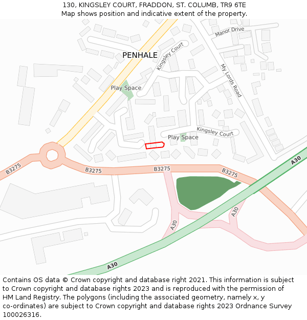 130, KINGSLEY COURT, FRADDON, ST. COLUMB, TR9 6TE: Location map and indicative extent of plot