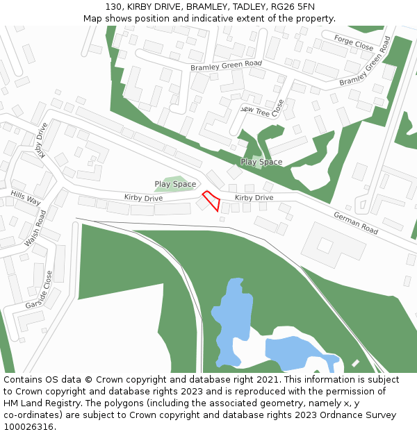 130, KIRBY DRIVE, BRAMLEY, TADLEY, RG26 5FN: Location map and indicative extent of plot