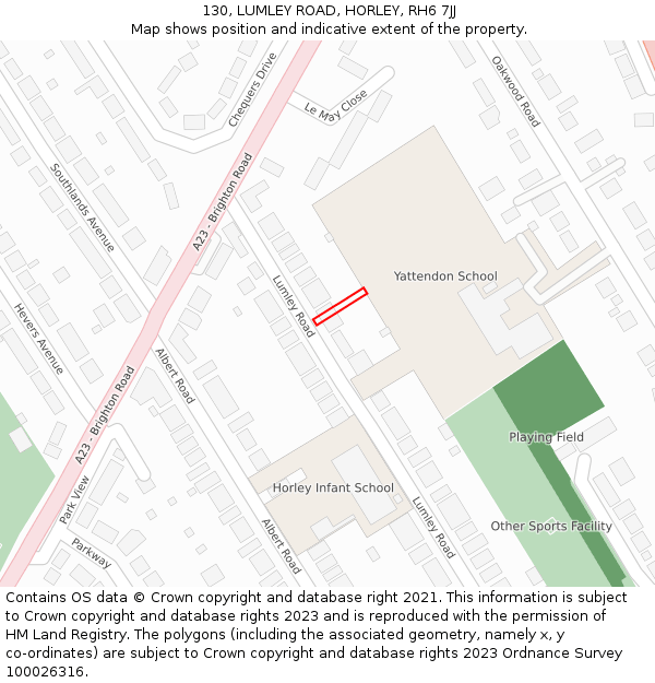 130, LUMLEY ROAD, HORLEY, RH6 7JJ: Location map and indicative extent of plot