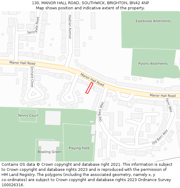 130, MANOR HALL ROAD, SOUTHWICK, BRIGHTON, BN42 4NP: Location map and indicative extent of plot
