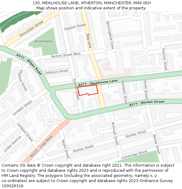 130, MEALHOUSE LANE, ATHERTON, MANCHESTER, M46 0EH: Location map and indicative extent of plot