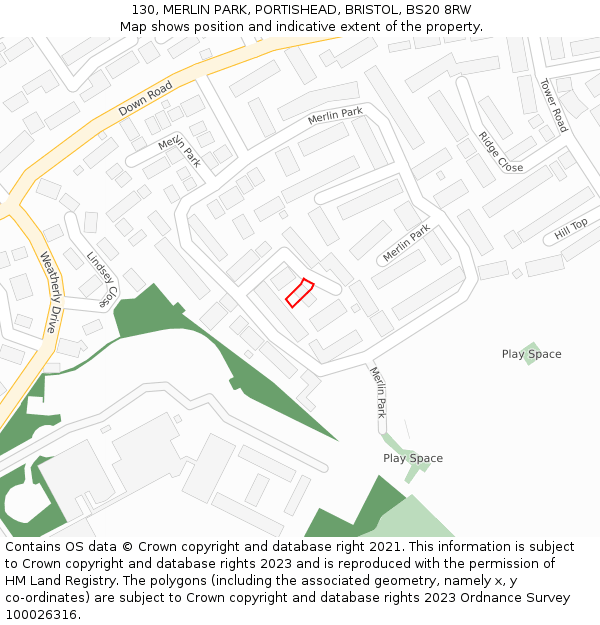 130, MERLIN PARK, PORTISHEAD, BRISTOL, BS20 8RW: Location map and indicative extent of plot