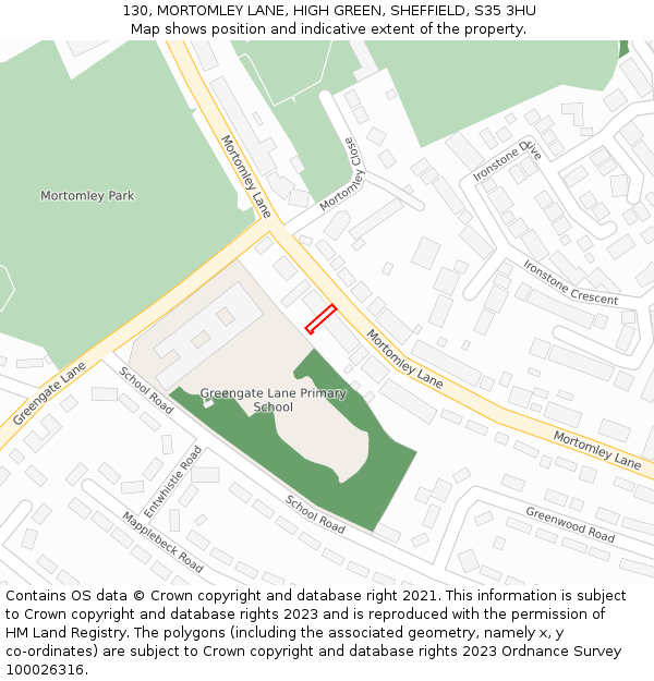 130, MORTOMLEY LANE, HIGH GREEN, SHEFFIELD, S35 3HU: Location map and indicative extent of plot