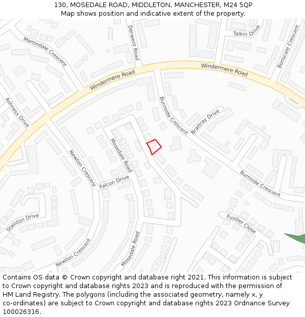 130, MOSEDALE ROAD, MIDDLETON, MANCHESTER, M24 5QP: Location map and indicative extent of plot