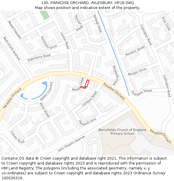 130, PARADISE ORCHARD, AYLESBURY, HP18 0WQ: Location map and indicative extent of plot