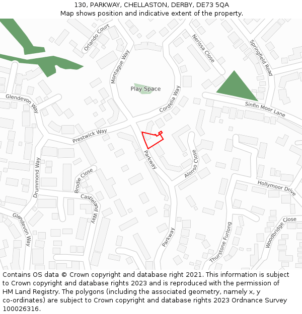 130, PARKWAY, CHELLASTON, DERBY, DE73 5QA: Location map and indicative extent of plot