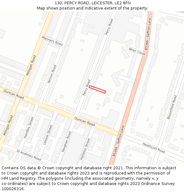 130, PERCY ROAD, LEICESTER, LE2 8FN: Location map and indicative extent of plot