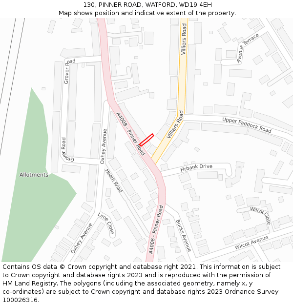 130, PINNER ROAD, WATFORD, WD19 4EH: Location map and indicative extent of plot