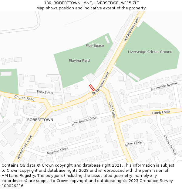 130, ROBERTTOWN LANE, LIVERSEDGE, WF15 7LT: Location map and indicative extent of plot