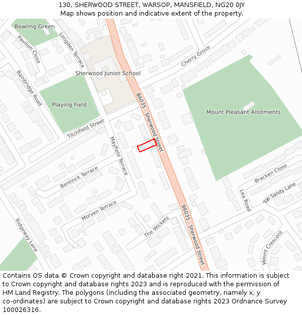 130, SHERWOOD STREET, WARSOP, MANSFIELD, NG20 0JY: Location map and indicative extent of plot
