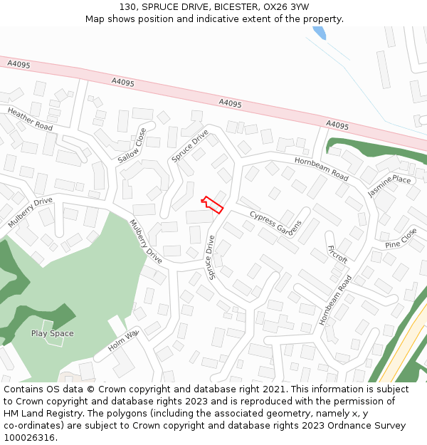 130, SPRUCE DRIVE, BICESTER, OX26 3YW: Location map and indicative extent of plot