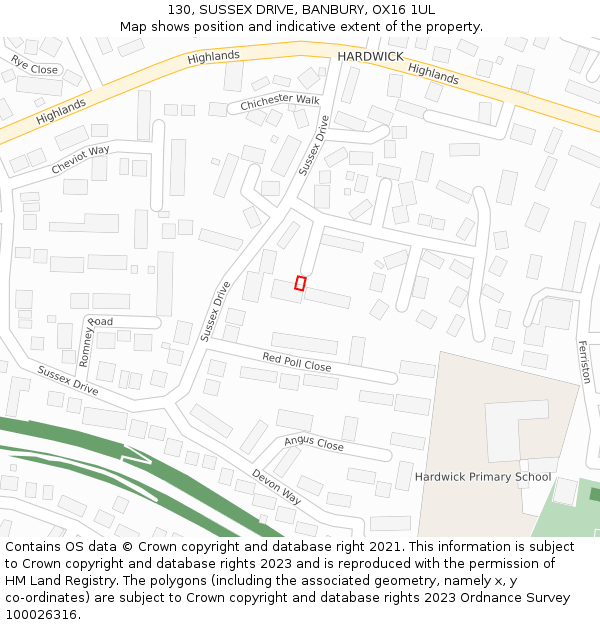 130, SUSSEX DRIVE, BANBURY, OX16 1UL: Location map and indicative extent of plot