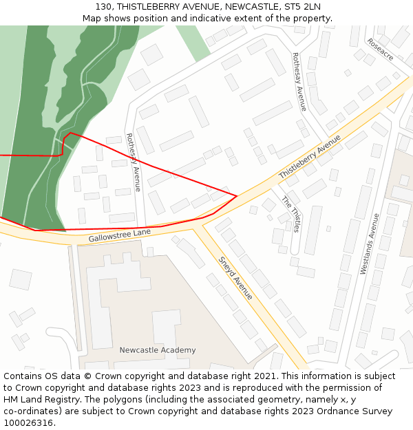130, THISTLEBERRY AVENUE, NEWCASTLE, ST5 2LN: Location map and indicative extent of plot