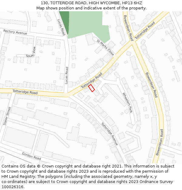 130, TOTTERIDGE ROAD, HIGH WYCOMBE, HP13 6HZ: Location map and indicative extent of plot