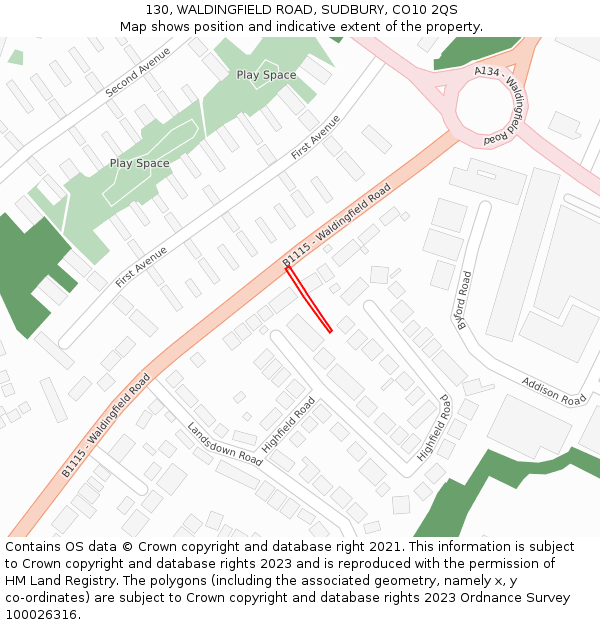 130, WALDINGFIELD ROAD, SUDBURY, CO10 2QS: Location map and indicative extent of plot