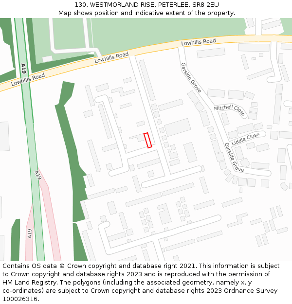 130, WESTMORLAND RISE, PETERLEE, SR8 2EU: Location map and indicative extent of plot