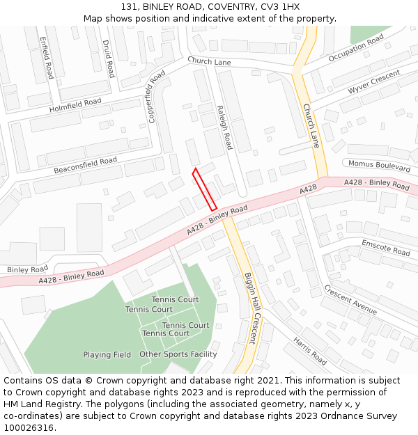 131, BINLEY ROAD, COVENTRY, CV3 1HX: Location map and indicative extent of plot