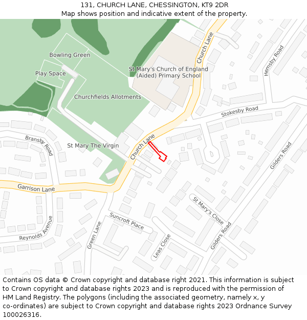 131, CHURCH LANE, CHESSINGTON, KT9 2DR: Location map and indicative extent of plot