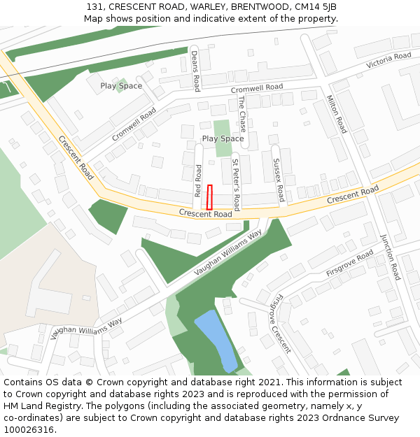 131, CRESCENT ROAD, WARLEY, BRENTWOOD, CM14 5JB: Location map and indicative extent of plot