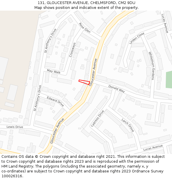 131, GLOUCESTER AVENUE, CHELMSFORD, CM2 9DU: Location map and indicative extent of plot