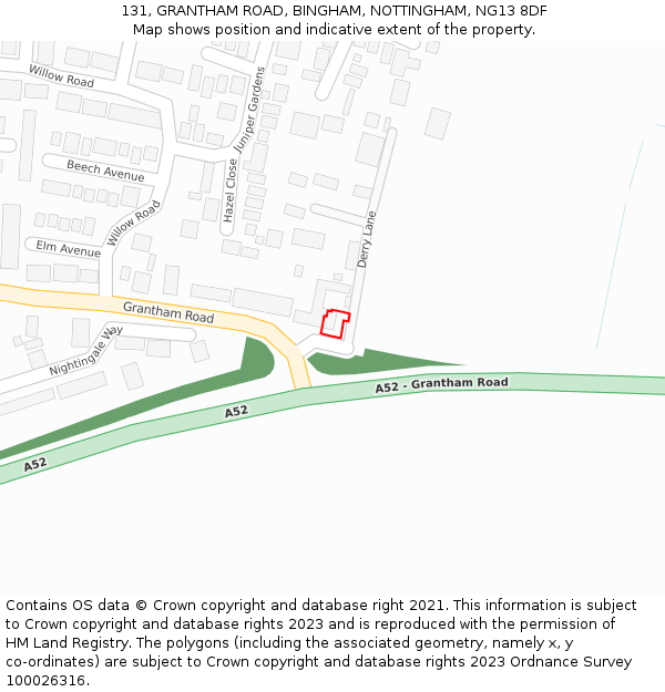 131, GRANTHAM ROAD, BINGHAM, NOTTINGHAM, NG13 8DF: Location map and indicative extent of plot