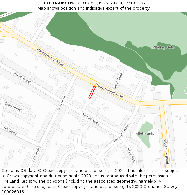 131, HAUNCHWOOD ROAD, NUNEATON, CV10 8DG: Location map and indicative extent of plot