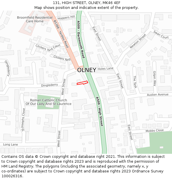 131, HIGH STREET, OLNEY, MK46 4EF: Location map and indicative extent of plot
