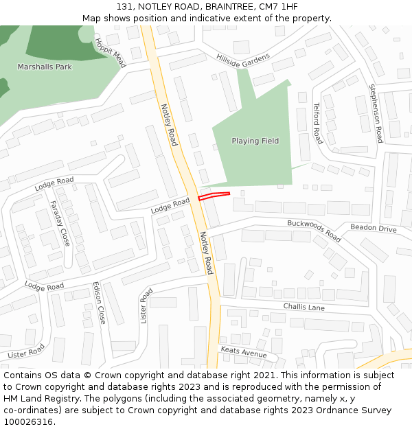 131, NOTLEY ROAD, BRAINTREE, CM7 1HF: Location map and indicative extent of plot
