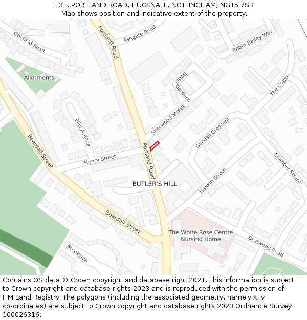 131, PORTLAND ROAD, HUCKNALL, NOTTINGHAM, NG15 7SB: Location map and indicative extent of plot