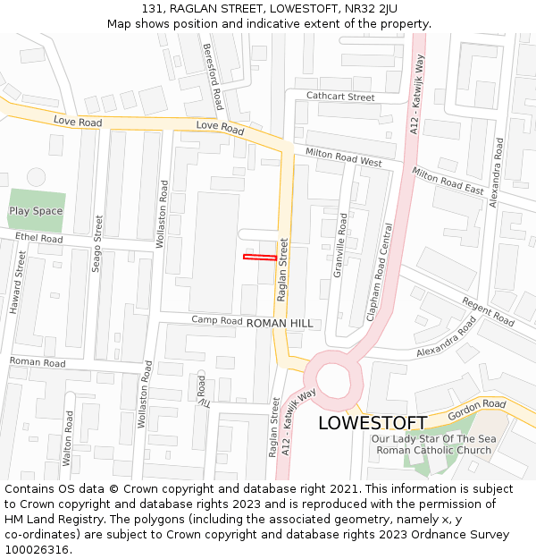 131, RAGLAN STREET, LOWESTOFT, NR32 2JU: Location map and indicative extent of plot