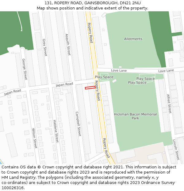 131, ROPERY ROAD, GAINSBOROUGH, DN21 2NU: Location map and indicative extent of plot