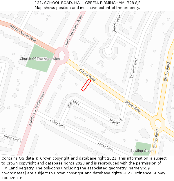 131, SCHOOL ROAD, HALL GREEN, BIRMINGHAM, B28 8JF: Location map and indicative extent of plot