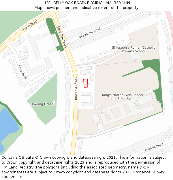 131, SELLY OAK ROAD, BIRMINGHAM, B30 1HN: Location map and indicative extent of plot