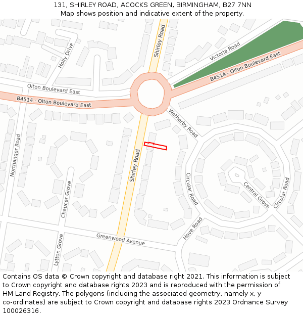 131, SHIRLEY ROAD, ACOCKS GREEN, BIRMINGHAM, B27 7NN: Location map and indicative extent of plot