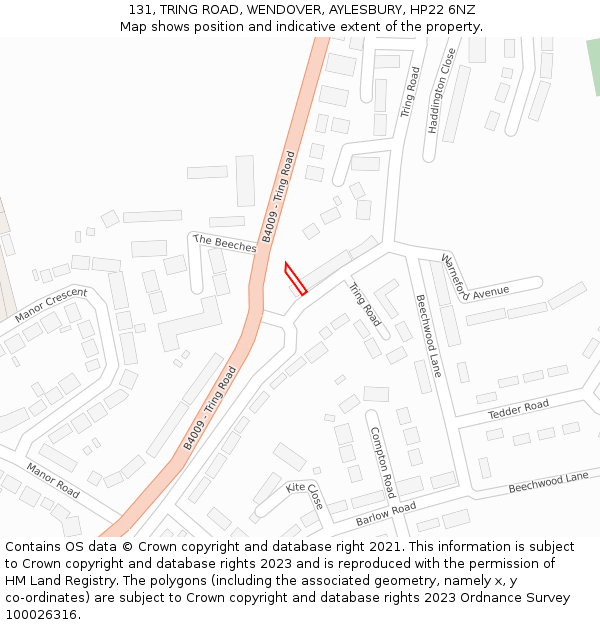 131, TRING ROAD, WENDOVER, AYLESBURY, HP22 6NZ: Location map and indicative extent of plot
