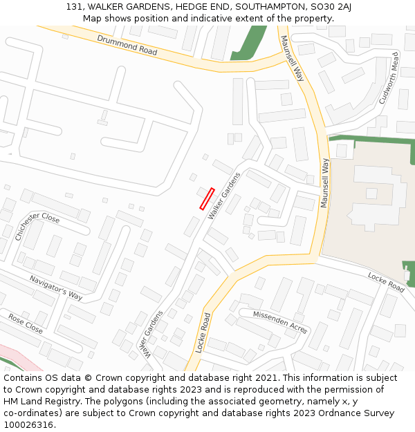 131, WALKER GARDENS, HEDGE END, SOUTHAMPTON, SO30 2AJ: Location map and indicative extent of plot
