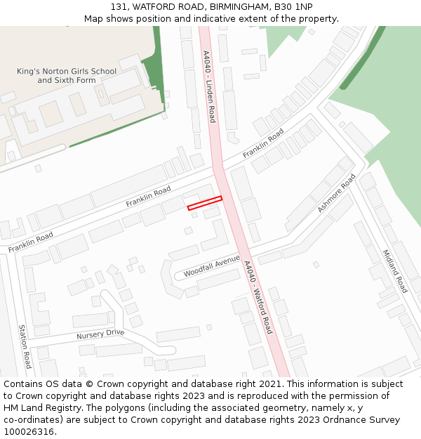 131, WATFORD ROAD, BIRMINGHAM, B30 1NP: Location map and indicative extent of plot