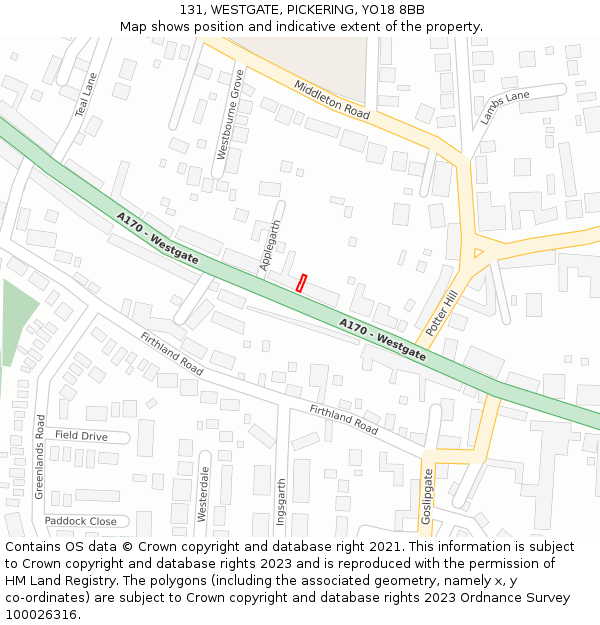 131, WESTGATE, PICKERING, YO18 8BB: Location map and indicative extent of plot