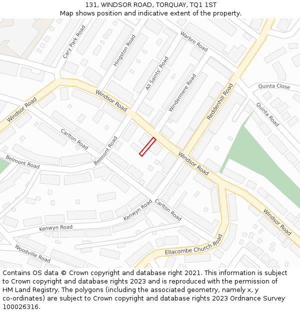 131, WINDSOR ROAD, TORQUAY, TQ1 1ST: Location map and indicative extent of plot