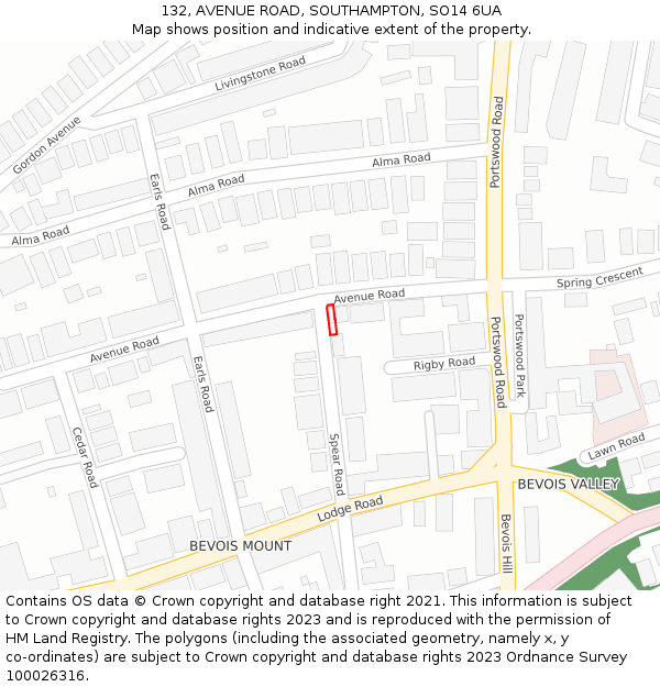 132, AVENUE ROAD, SOUTHAMPTON, SO14 6UA: Location map and indicative extent of plot